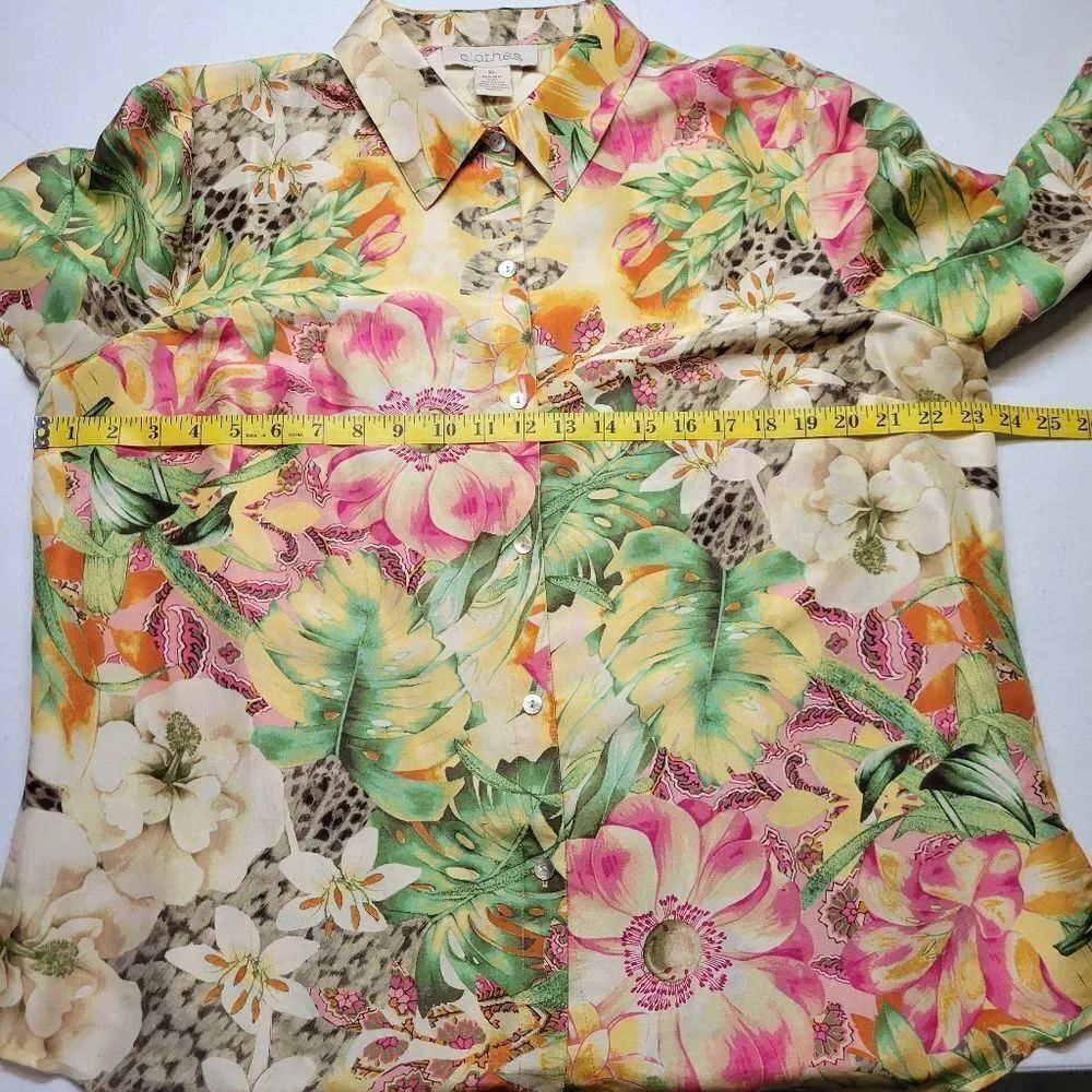 Clothes Silk Tropical Floral Leopard Print Women's Top Button Down Blouse - Picture 8 of 9